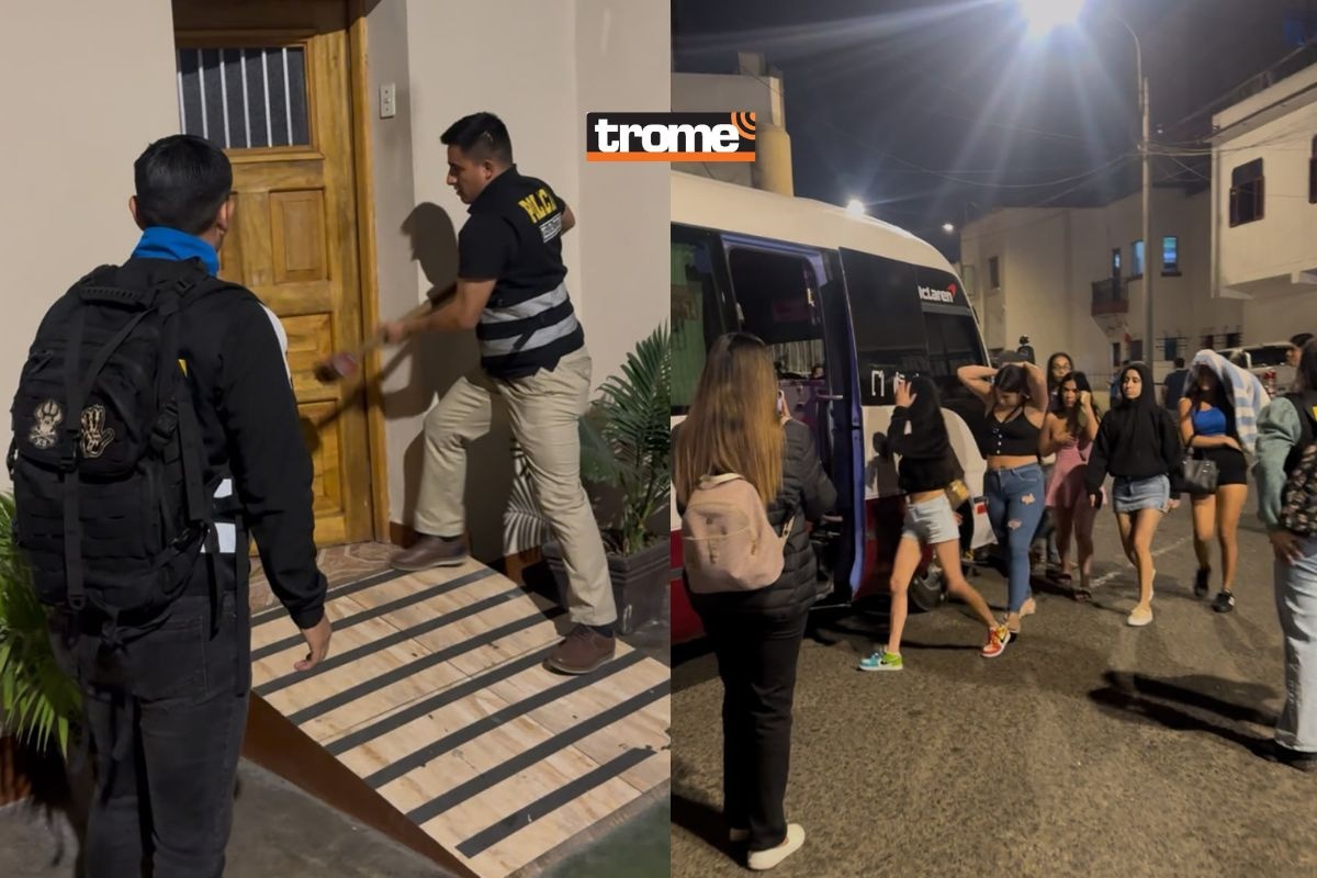 Momento en que la Policía ingresa a combazos a uno de los hostales de Cercado de Lima. Al lado, mujeres son llevadas a la sede policial. | Composición Diario Trome