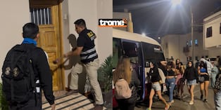 Momento en que la Policía ingresa a combazos a uno de los hostales de Cercado de Lima. Al lado, mujeres son llevadas a la sede policial. | Composición Diario Trome