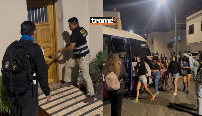 Momento en que la Policía ingresa a combazos a uno de los hostales de Cercado de Lima. Al lado, mujeres son llevadas a la sede policial. | Composición Diario Trome