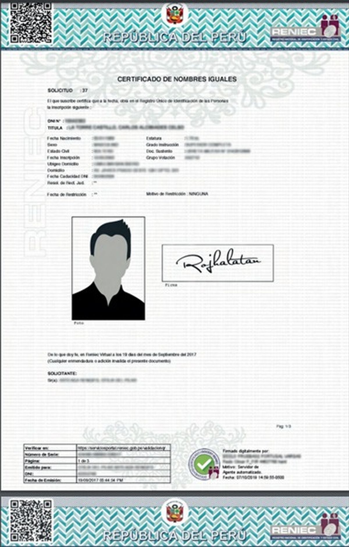 Certificado de nombres iguales emitidos por Reniec (Foto: Reniec)