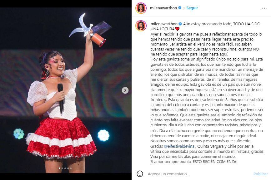 Milena Warthon y su potente mensaje tras ganar la Gaviota de Plata en el Festival de Viña del Mar. (Foto: Captura)