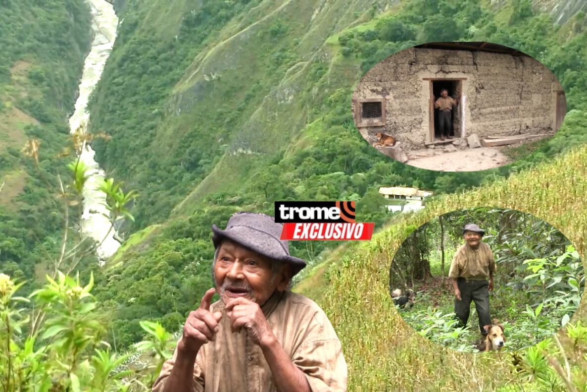Don Marcelino Abad, 'Mashico' , el más longevo del Perú. Pasó más de cien años viviendo solito y cultivando la tierra. Ahora recibe cariño en casa hogar 'Mis abuelitos'. (Isabel Medina / Foto compos. Trome /Pensión 65).