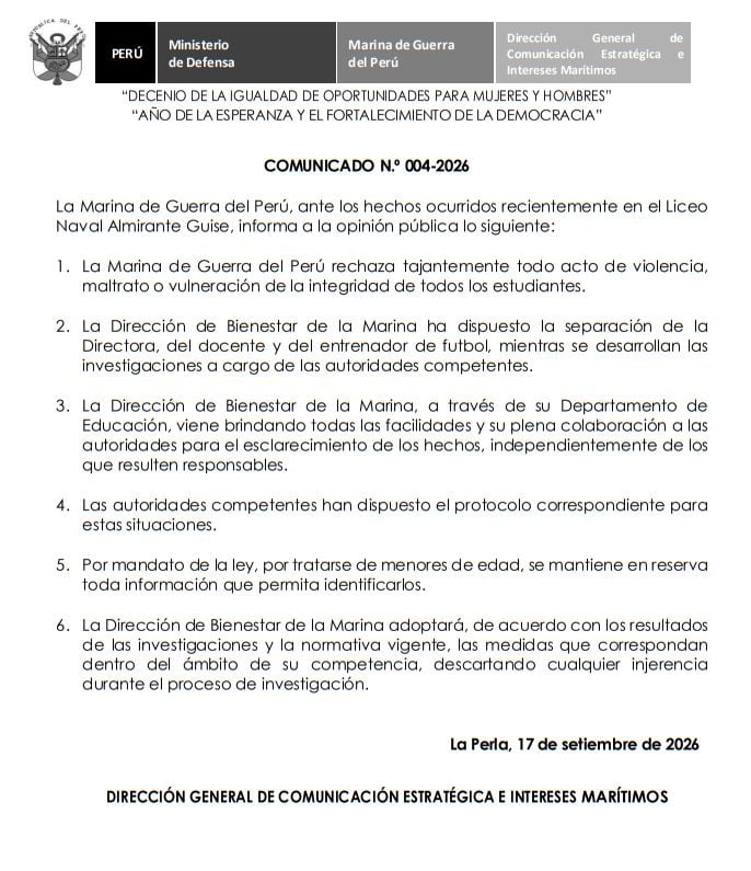 Comunicado de la Marina de Guerra sobre denuncia de presunta agresión sexual en el Liceo Naval.