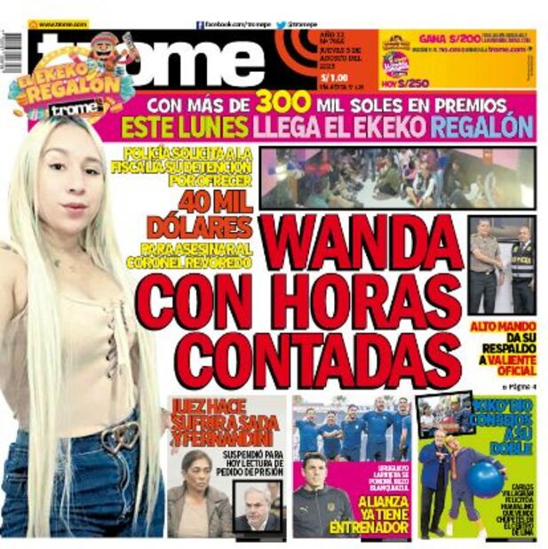 Portada impresa de Trome del jueves 3 de agosto de 2023