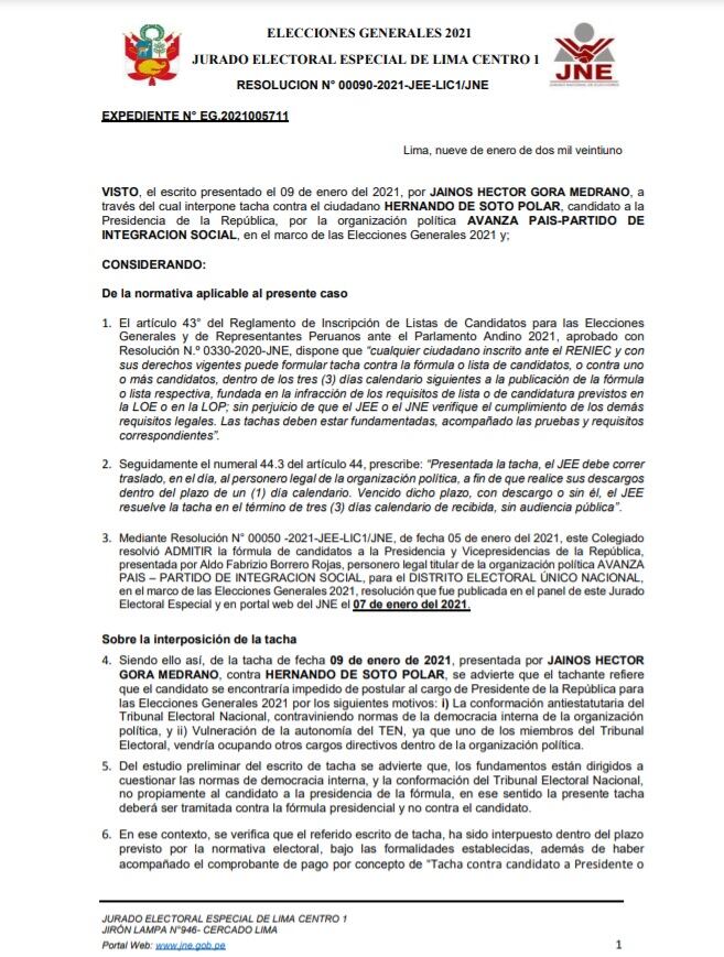 Resolución sobre Avanza País. (Foto: JEE Lima Centro 1)
