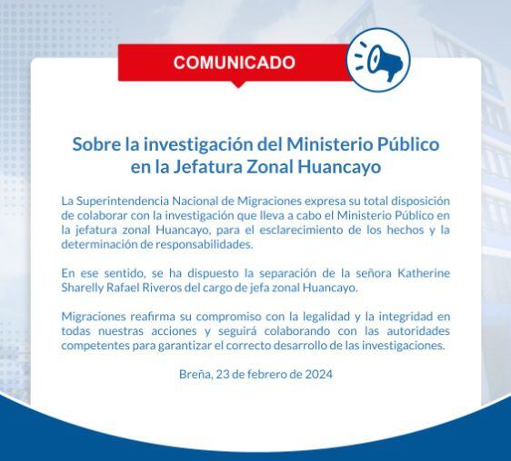 Comunicado de la Superintendencia Nacional de Migraciones