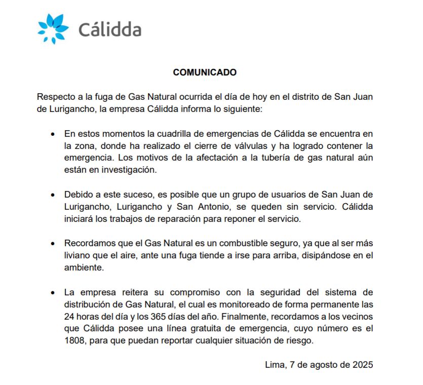 Comunicado de Cálidda tras fuga de gas en El Agustino.