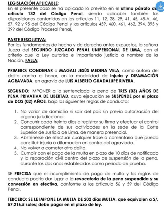 Sentencia contra Magaly Medina presentado por Cuto Guadalupe en sus redes. (@cutoguadalupe16)