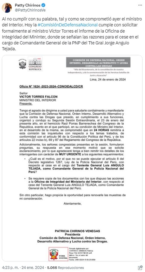 Tuit de Patricia Chirinos, anunciando el pedido de información al ministro del Interior, Víctor Torres Falcón, por el pase al retiro del general (r) Jorge Angulo.