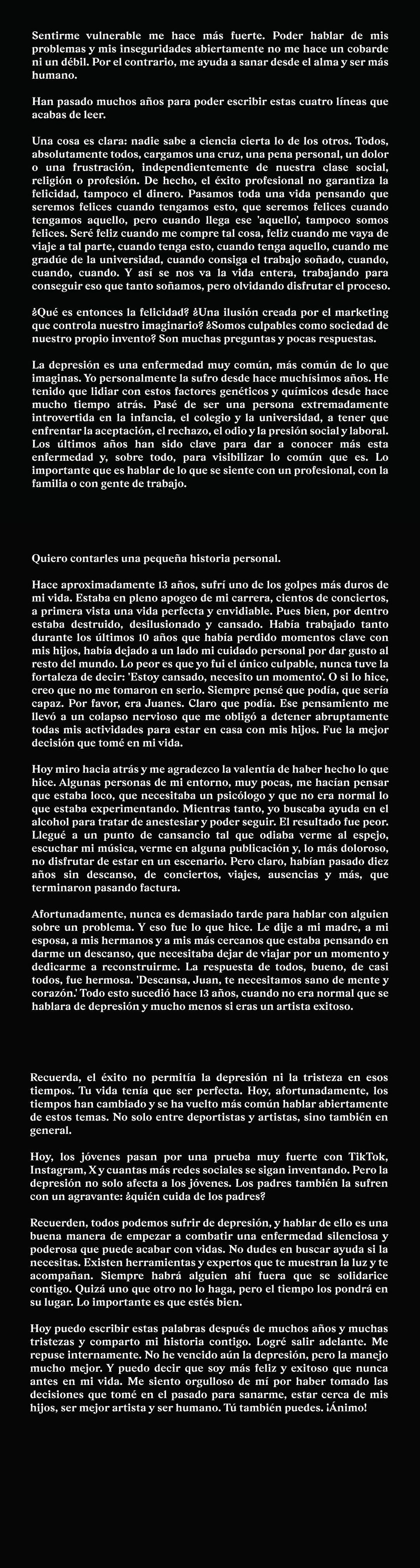 Juanes contó, con muchos detalles, todo acerca de la depresión que ha tenido desde hace muchos años (Foto: Juanes / Instagram)