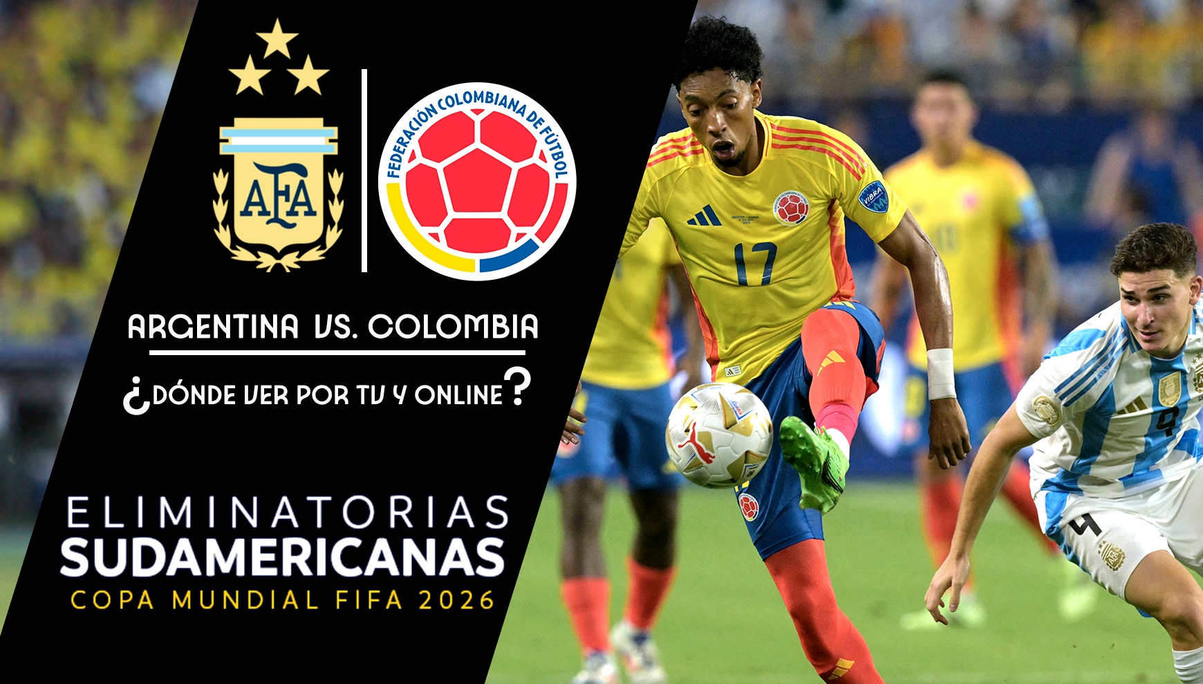 Colombia recibe a la 'albiceleste' este martes 10 de septiembre por la fecha 7 de las Eliminatorias Sudamericanas 2026 y será visto por TV y Streaming Online. | Foto: AFP / Composición: Héctor Honores