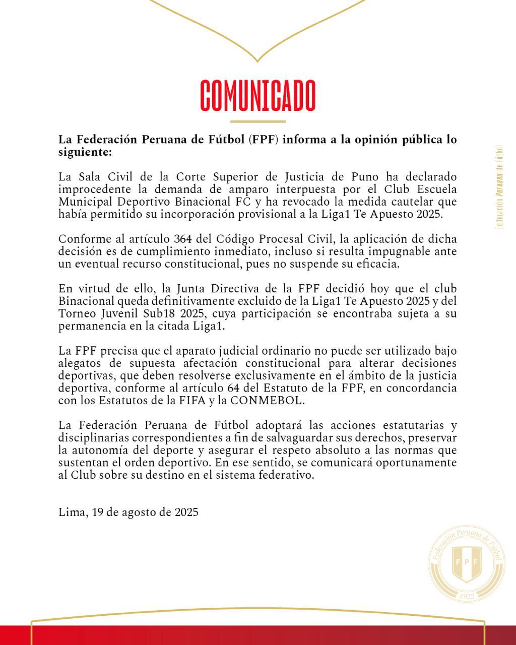 Anuncio oficial de la FPF sobre la salida de Binacional de La Liga1 (FPF)