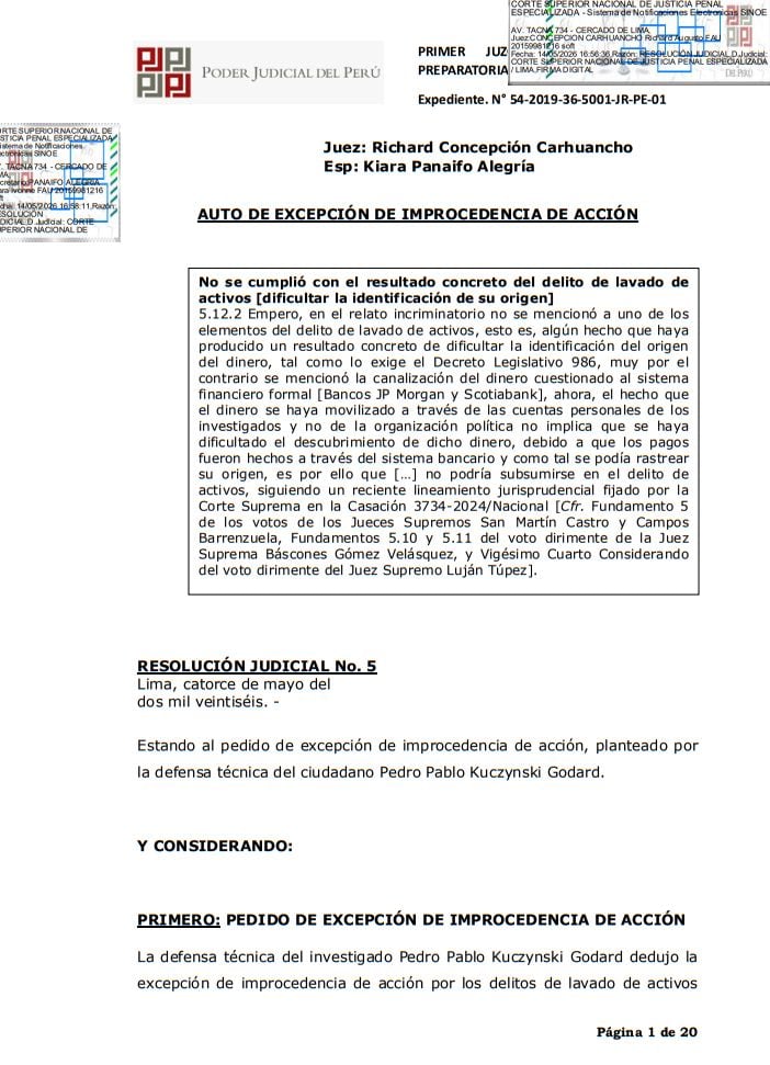Poder Judicial archiva delitos de lavado de activos contra PPK por caso Westfield.