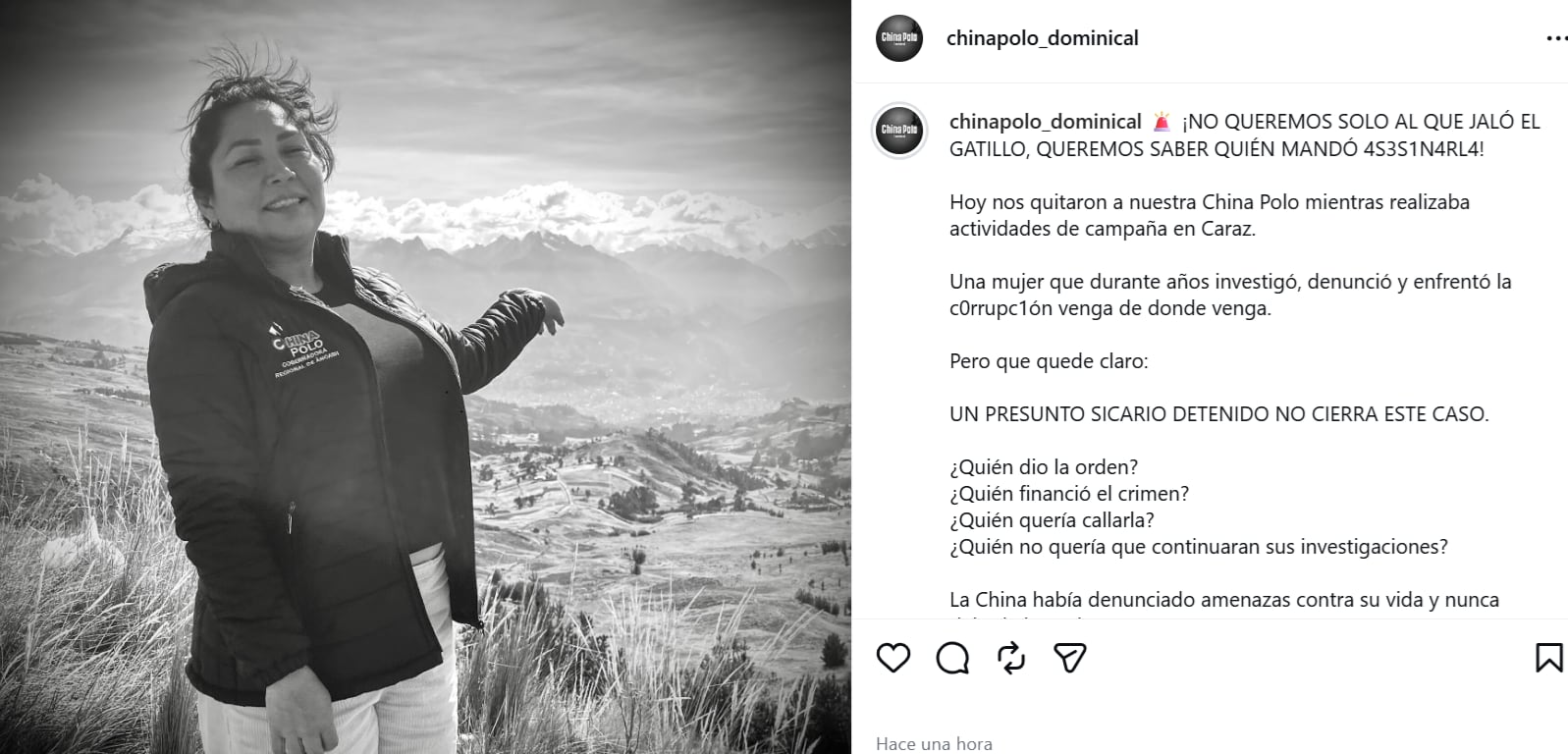 Equipo de 'La China Polo' exige investigación para dar con la persona que envió matar a la periodista.