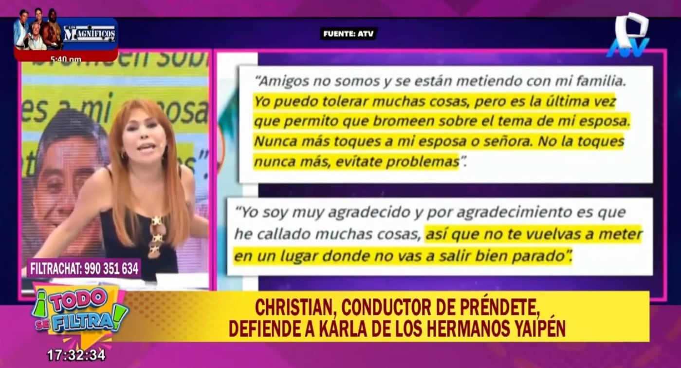 Magaly Medina se burla de Christian Domínguez por su manera de defender a Karla Tarazona de los Hermanos Yaipén.
