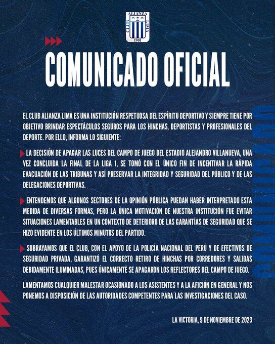 Comunicado de Alianza Lima sobre los ocurrido en el estadio Alejandro Villanueva. (Imagen: Alianza Lima)