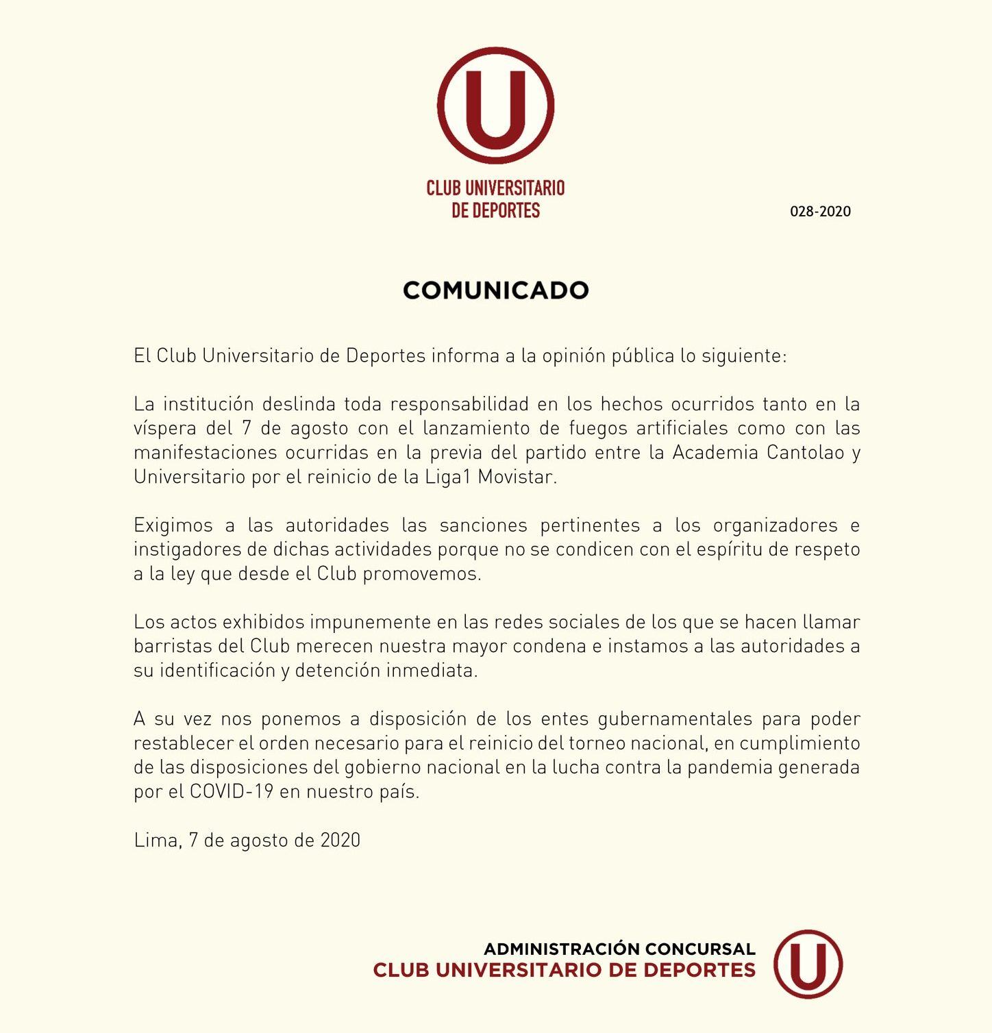 El comunicado de la administración de Universitario de Deportes.