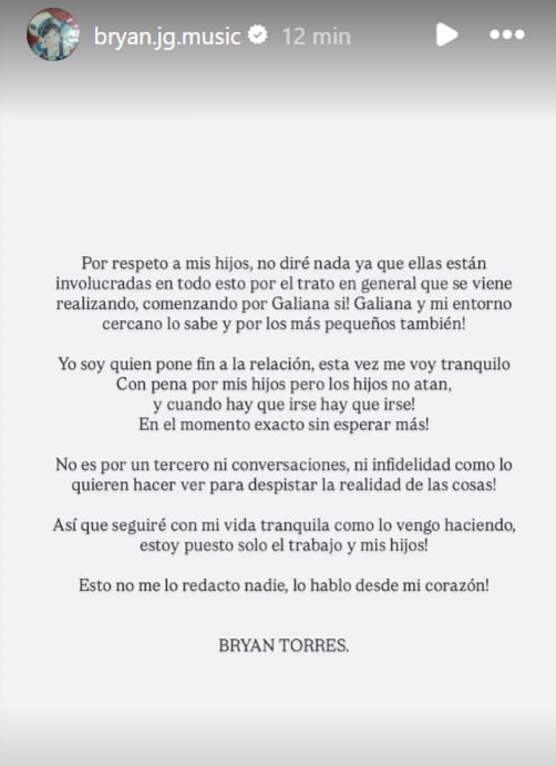 Bryan Torres lanza comunicado y explica la razón del término de su relación con Samahra Lobatón.