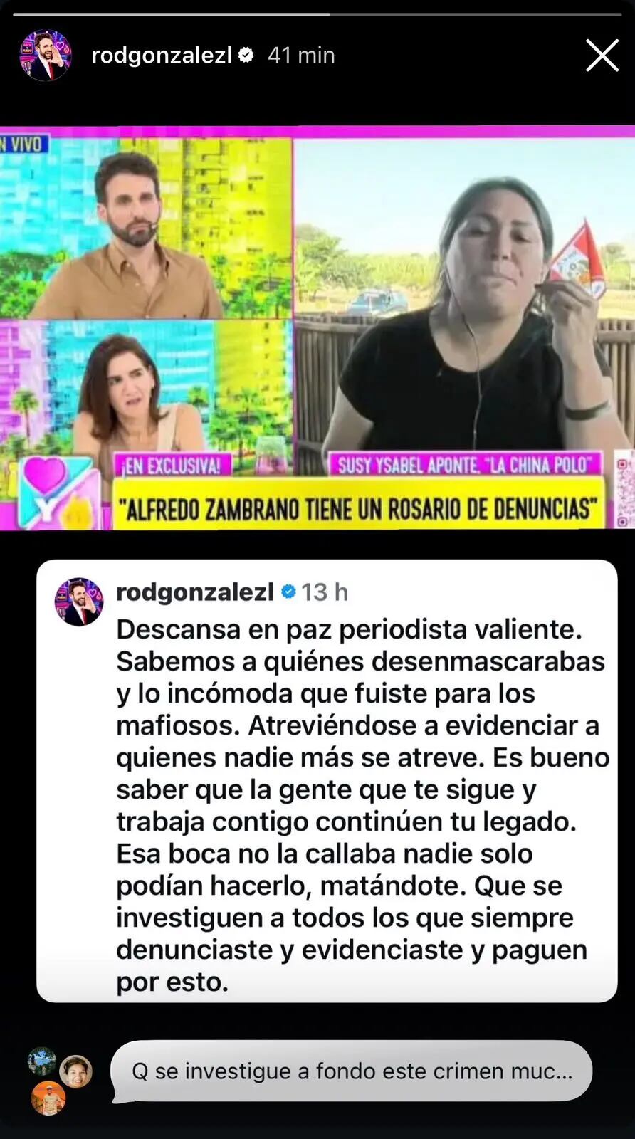 Rodrigo González resaltó lo incisiva que era la periodista 'La China Polo', asesinada en Caraz en actividad proselitista.