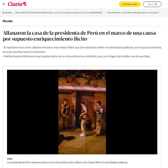 Los principales medios de comunicación del planeta informaron sobre el allanamiento policial a la casa de Dina Boluarte.