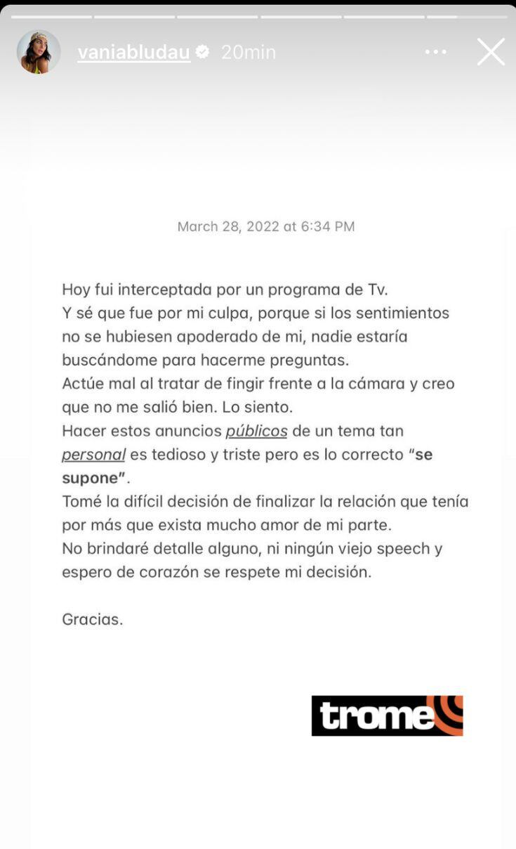 Vania Bludau emitió comunicado para anunciar el fin de su relación. (Instagram)