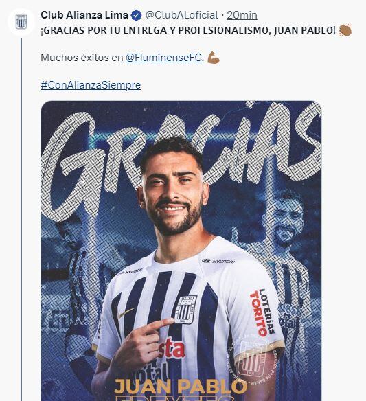 Alianza Lima hizo oficial el pase de Juan Pablo Freytes al Fluminense. (Foto: @ClubALoficial)