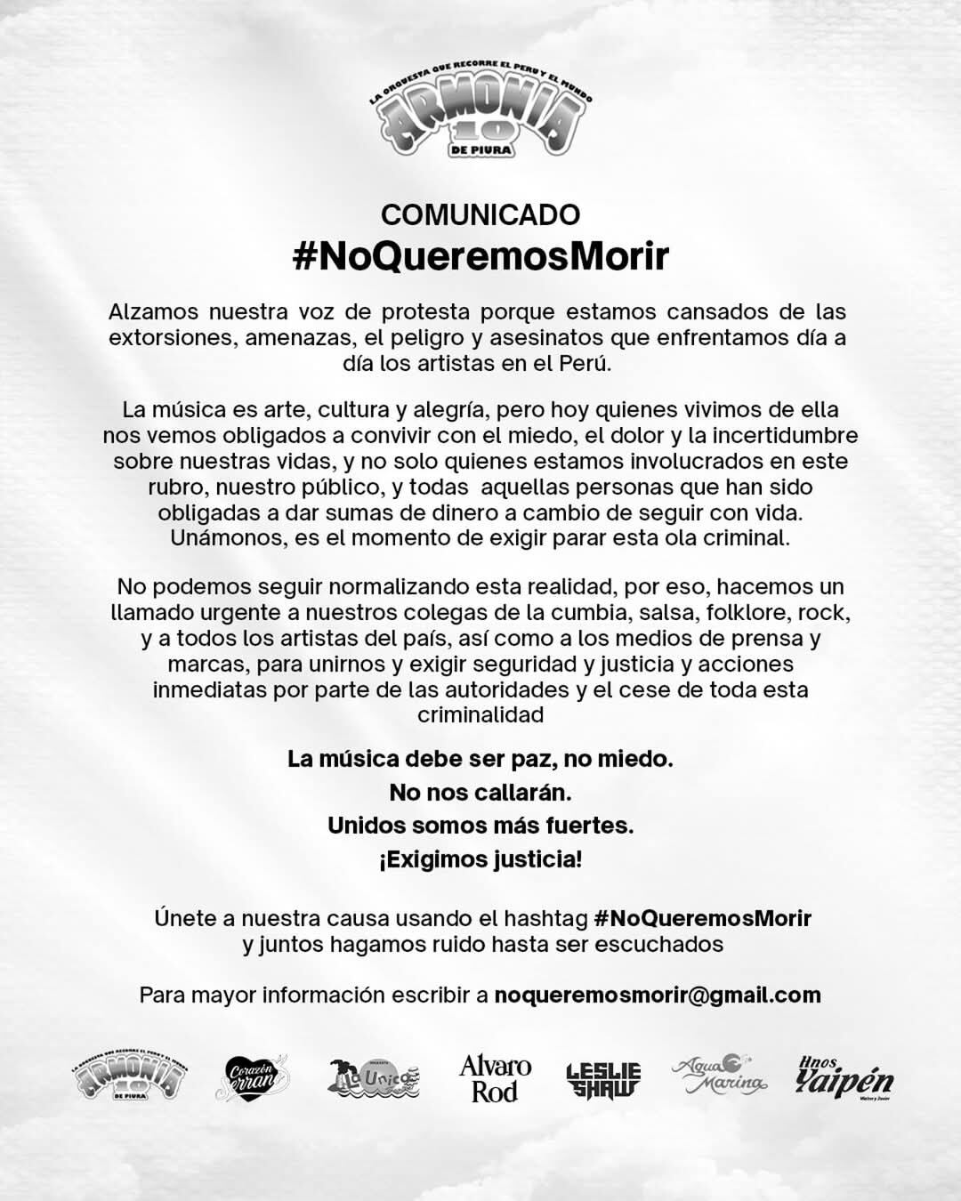 Agrupaciones y artistas emiten comunicado por la muerte de Paul Flores