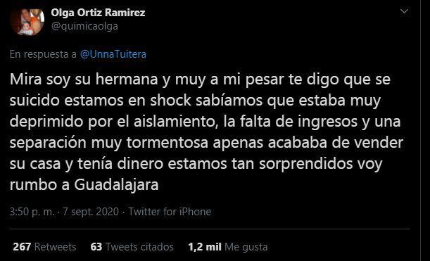 La hermana de Xavier Ortiz informó a través de Twitter que la muerte del artista fue por suicidio (Foto: twitter)