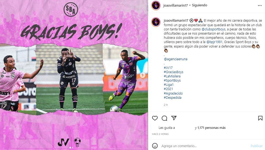El mensaje de Joao Villamarín para despedirse de Sport Boys.