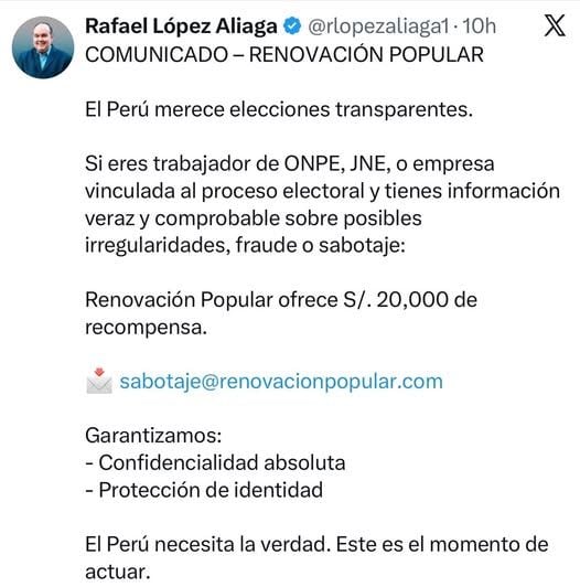 Rafael López Aliaga publicó este mensaje pero luego lo eliminó en menos de 24 horas.