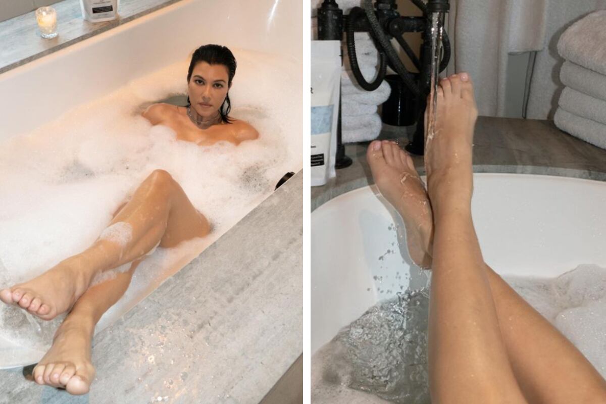 Kourtney sobre una bañera. La galería de imágenes que compartió Travis, resaltando sus pies. (Foto: @travisbarker)