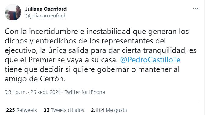 Juliana Oxenford a Guido Bellido sobre gas de Camisea: “La única salida es que se vaya a su casa”