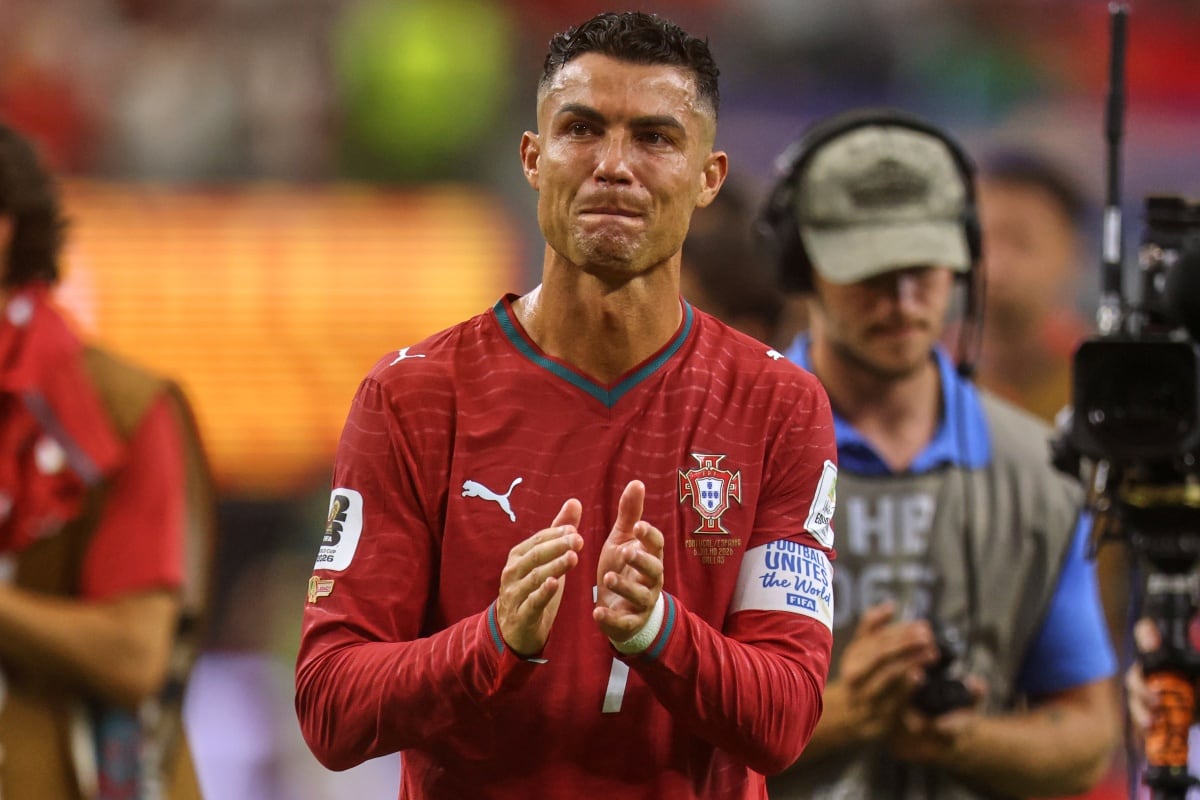 Portugal's Cristiano Ronaldo (7) reacts after the World Cup round of 16 soccer match between Portugal and Spain in Arlington, Texas, near Dallas, Monday, July 6, 2026. (AP Photo/Gareth Patterson)