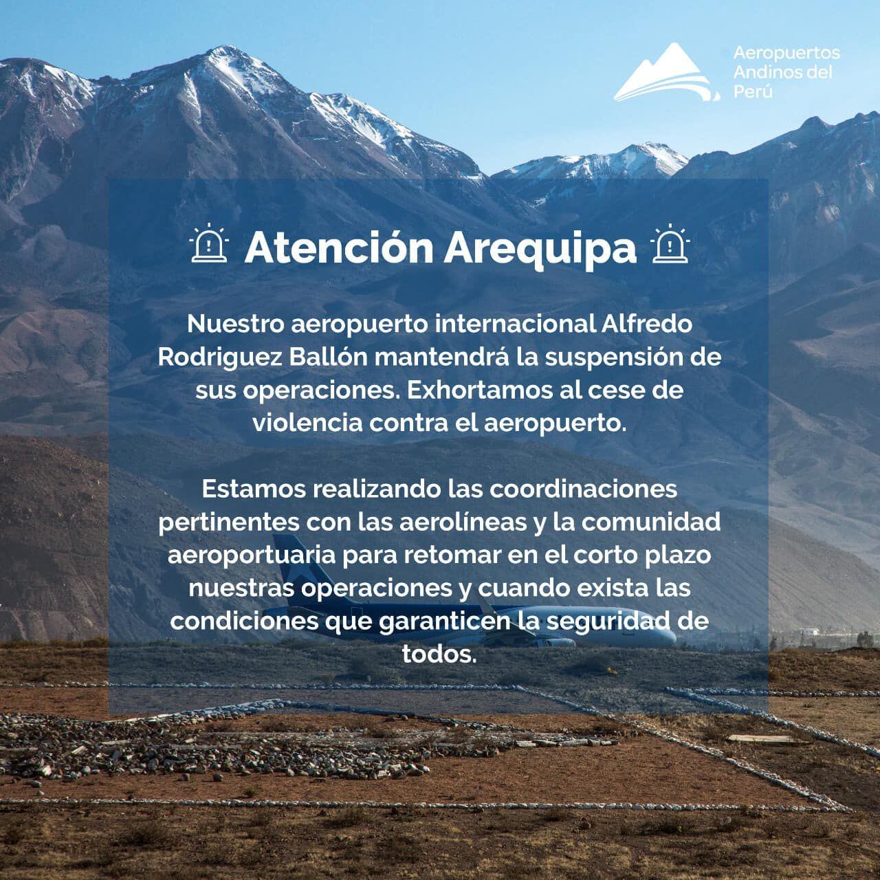 Aeropuertos del Perú anuncia que la terminal de Arequipa estará cerrada hasta nuevo aviso.