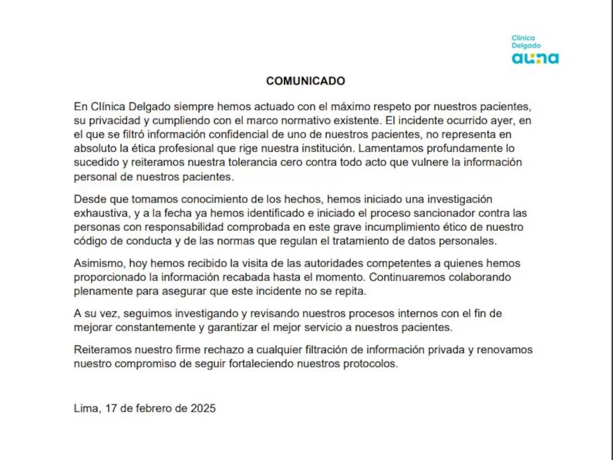 Comunicado de la Clínica Delgado