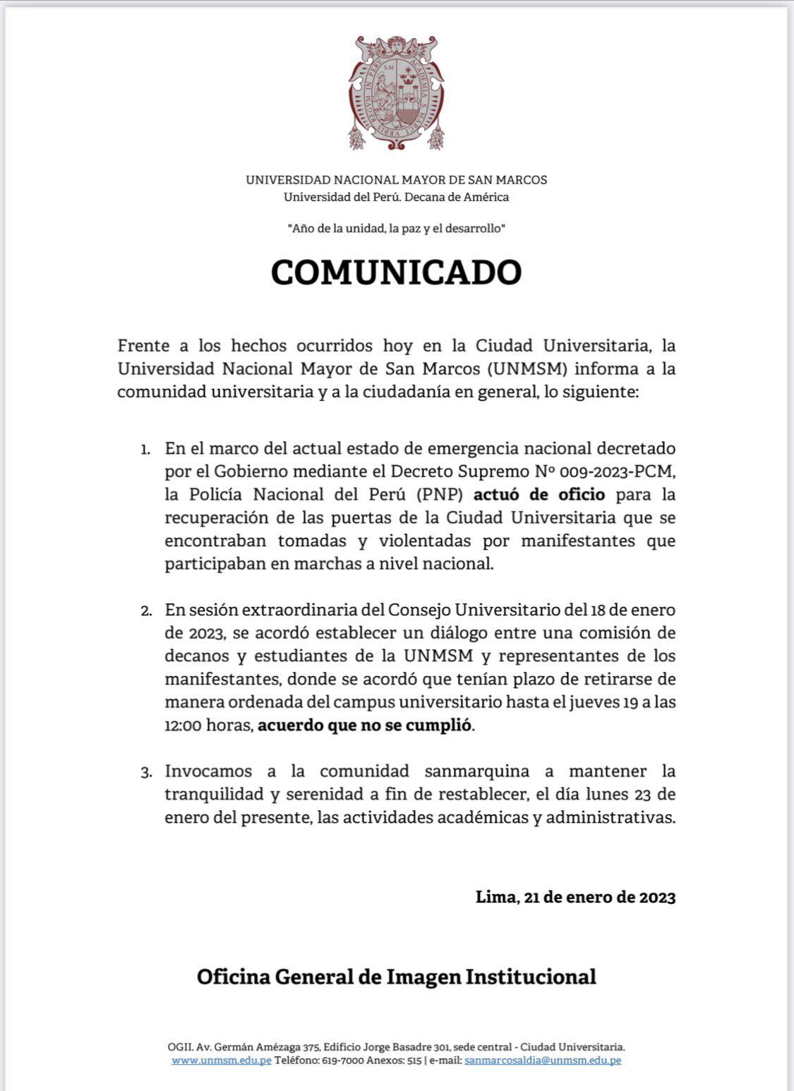 UNMSM afirma que Policía actuó de oficio ante estado de emergencia.