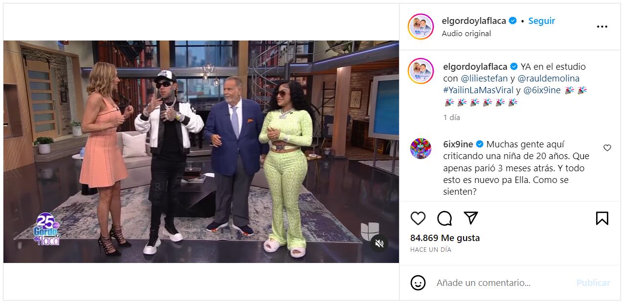 La presentación de Yailin La Más Viral y Tekashi 6ix9ine en Univision fue criticada en redes sociales (Foto: El gordo y la flaca / Instagram)