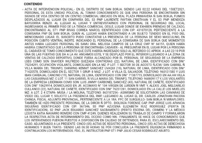 Este es el parte de la intervención policial que da cuenta de la muerte del cliente.