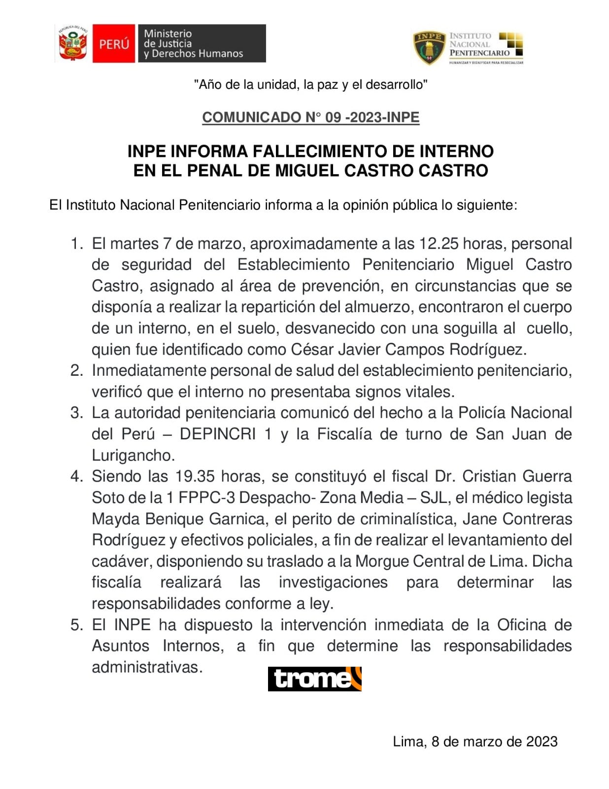 Comunicado del INPE por asesinato a descuartizador en el penal Castro Castro.