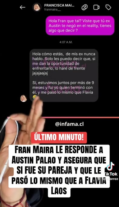 Fran Maira desmiente a Austin Palao y dice que sí tuvieron una relación de nueve meses.