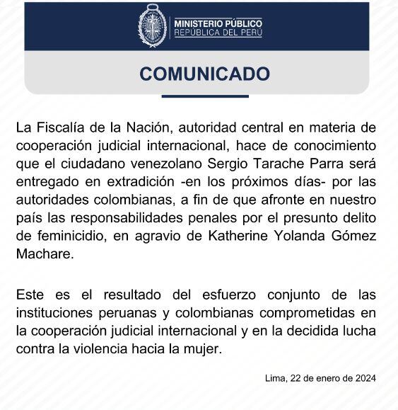 Comunicado del Ministerio Público sobre la extradición de Sergio Tarache