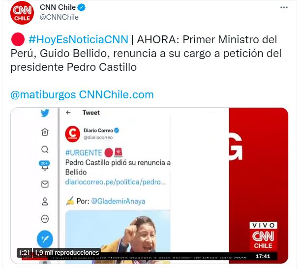 Guido Bellido en el Twitter de CNN Chile.