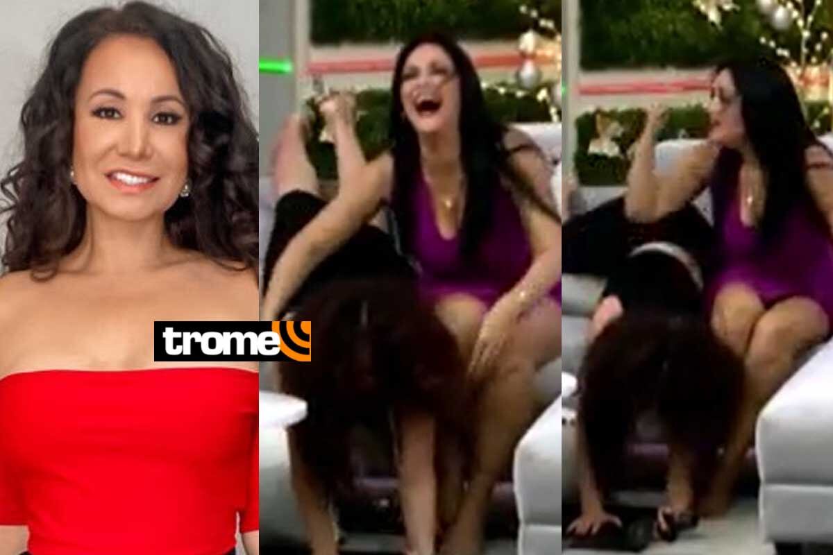 Janet Barboza sufrió una aparatosa caída al querer jugarle una broma a Mariella Zanetti. Foto: Captura de pantalla