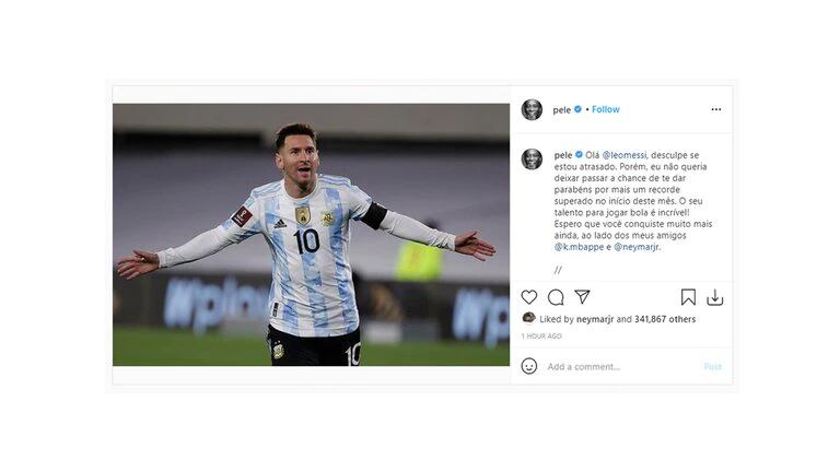 El saludo de Messi a Pelé por batir su récord. Foto: Instagram.