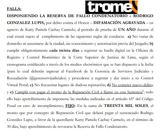 El fallo en contra de Rodrigo González. Foto: Trome.