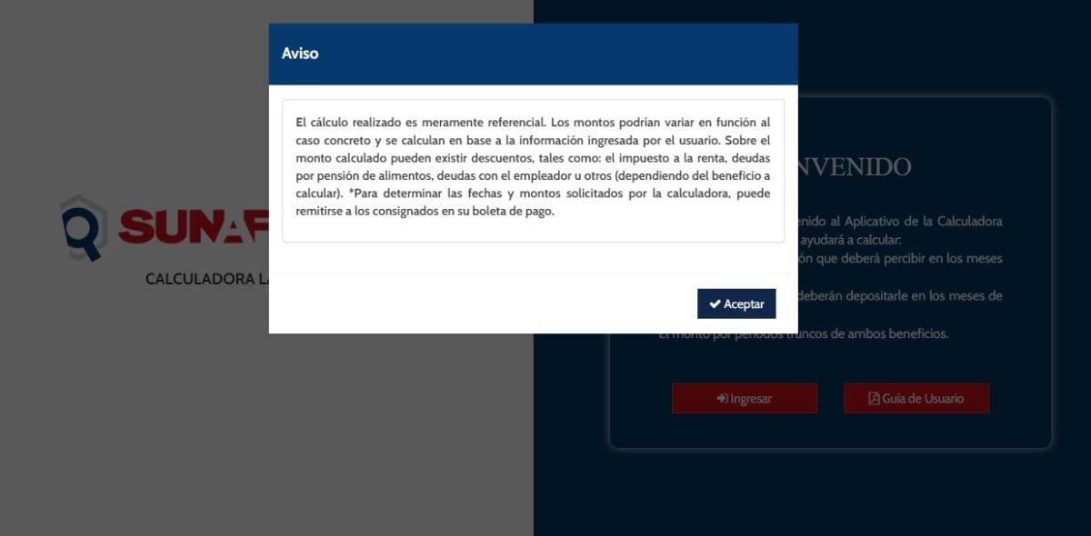 El aviso que aparece cuando entras a la calculadora laboral (Foto: Sunafil)