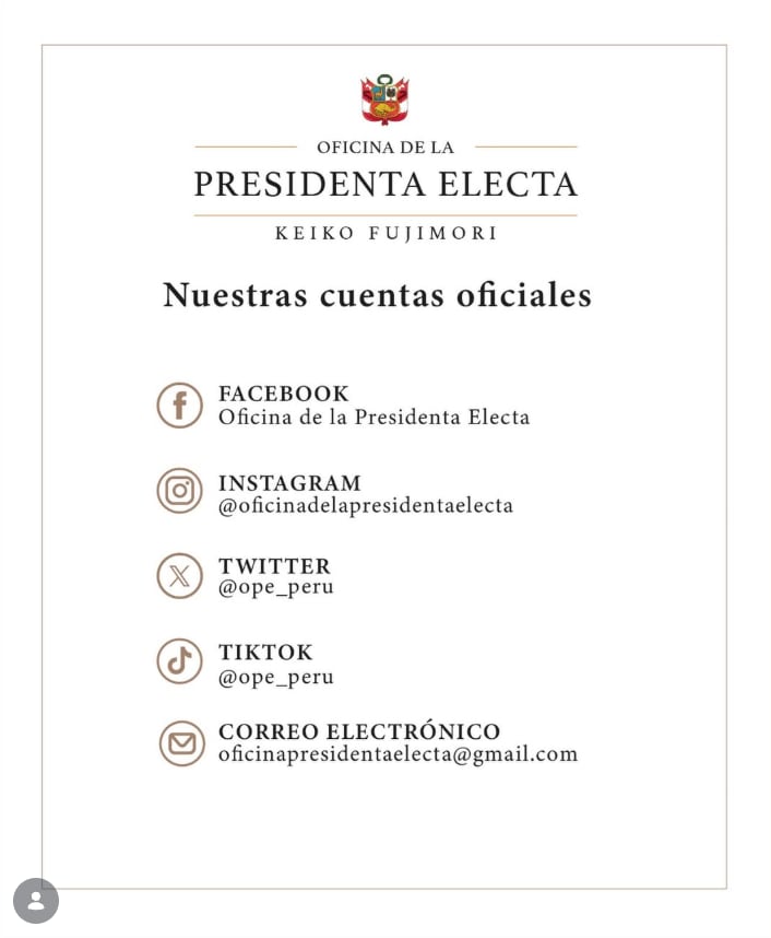 Keiko Fujimori presenta sus canales oficiales tras ser proclamada como presidenta del Perú.