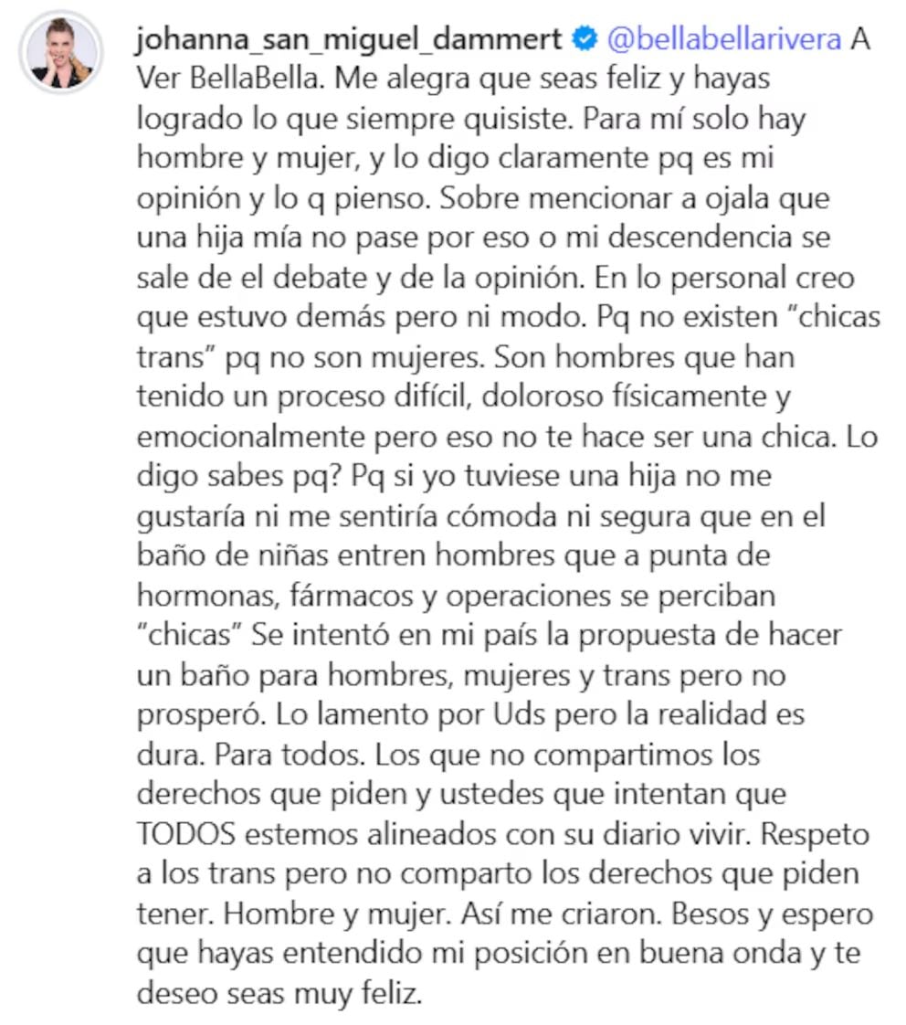 Johanna San Miguel respondió con un extenso comentario que encendió la polémica.