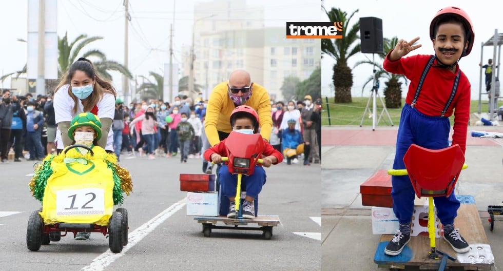 Carrera de 'carros locos' tuvo creativos diseños usando materiales reciclados en San Miguel. (Trome / Isabel Medina)