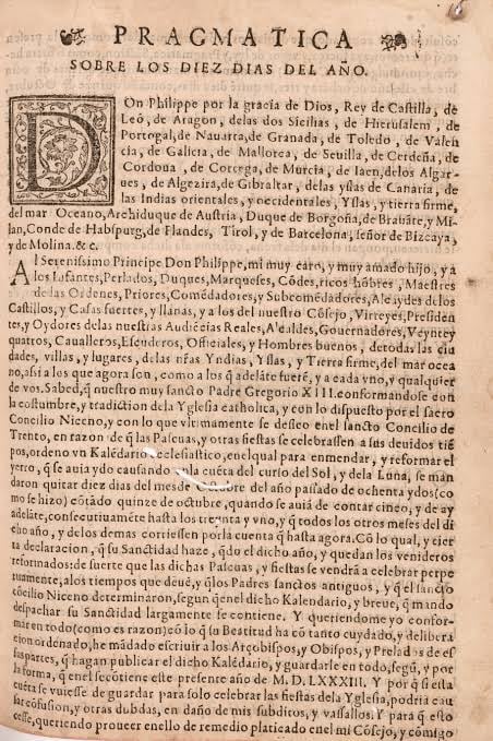 Pragmática real de Felipe II que ordena aplicar el calendario gregoriano en el Virreinato del Perú.